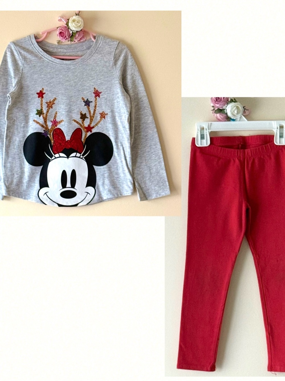 Disney Girls Minnie Mouse Long Sleeve Top and Cat&Jack Red Leggings, Size 4T